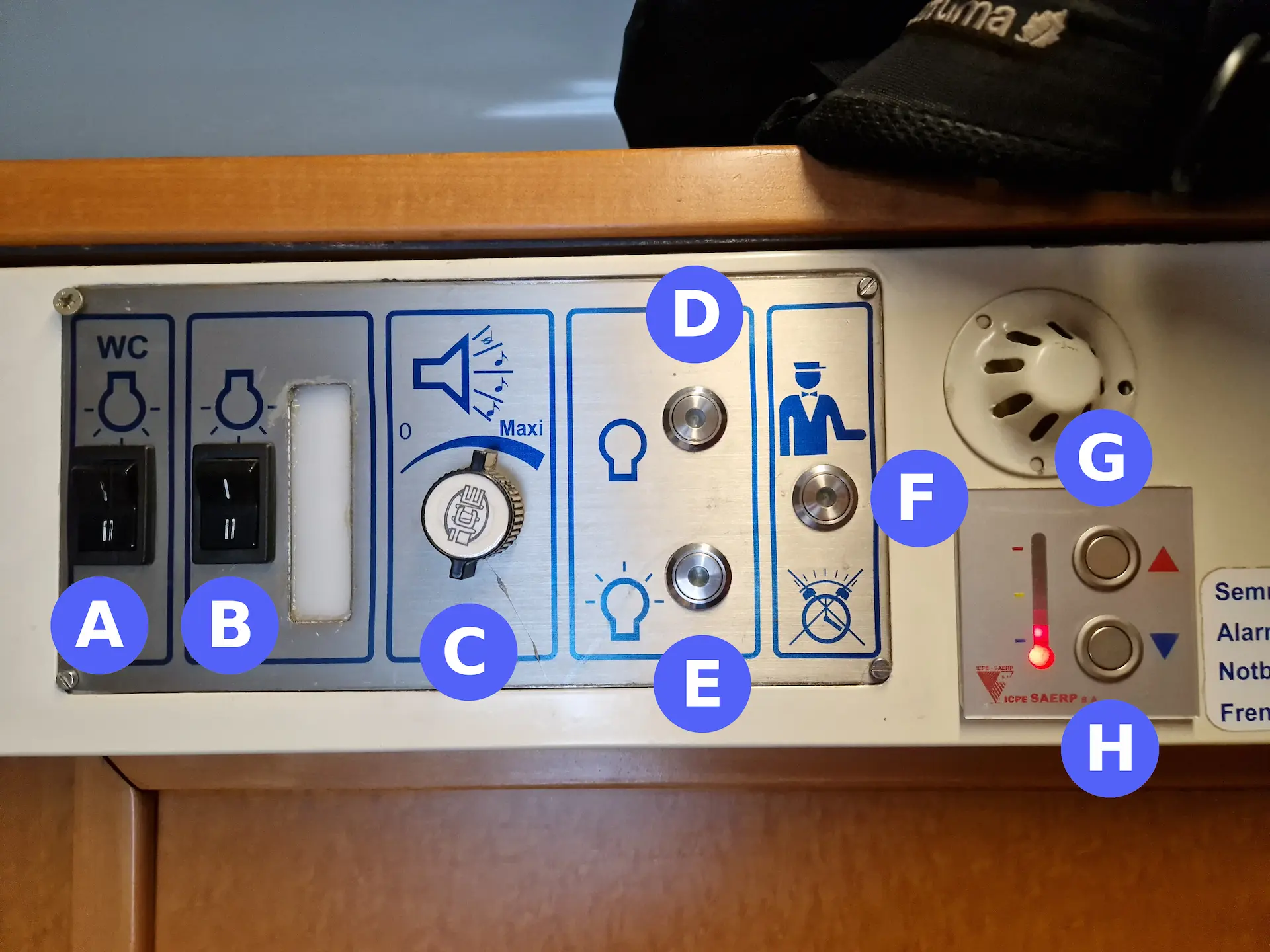 Panneau de contrôles électriques de la cabine avec huit boutons différents et icônes de description vagues