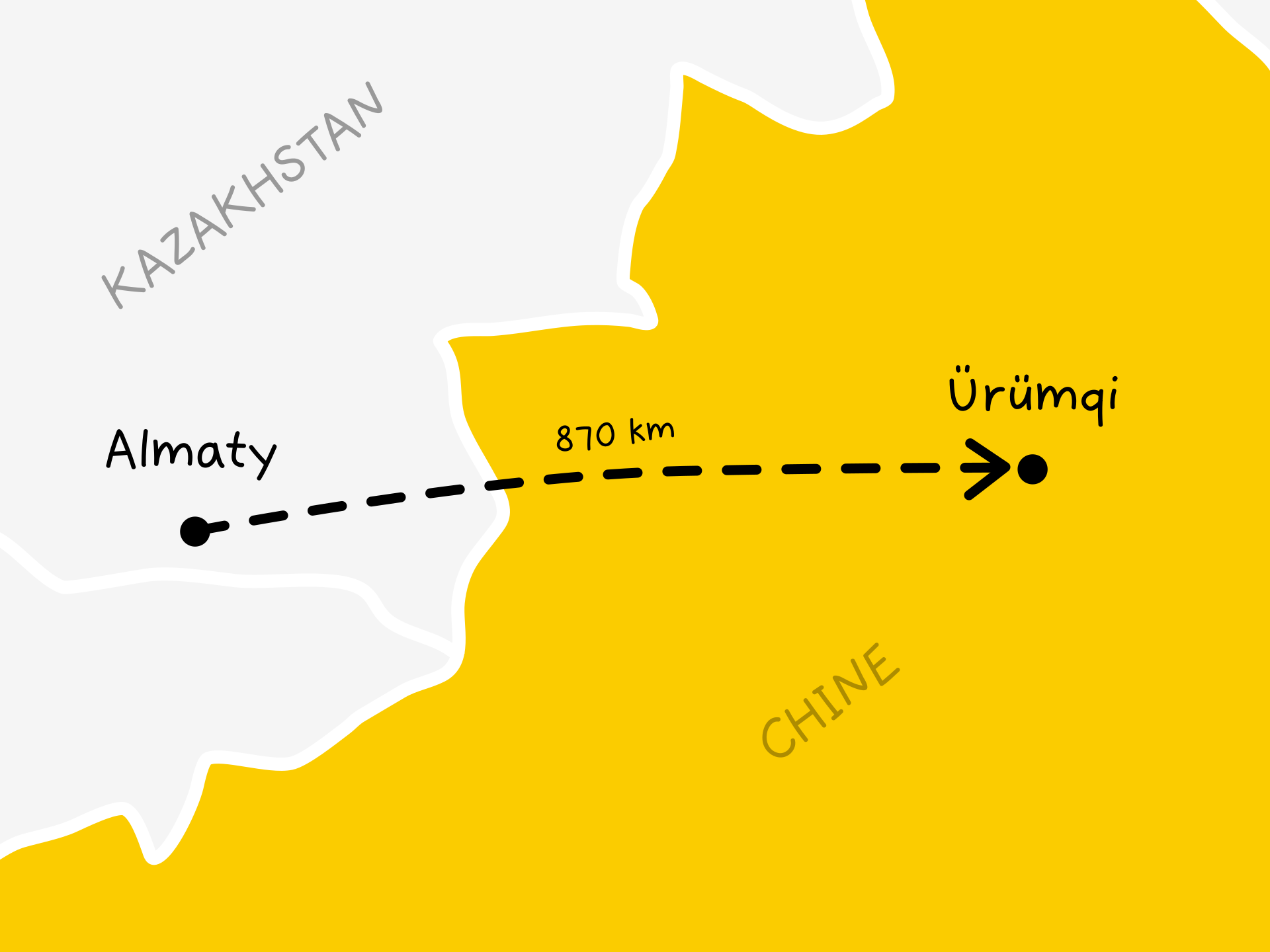 Une carte illustrant les positions d'Almaty (sud-est du Kazakhstan) et d'Ürümqi (ouest de la Chine)