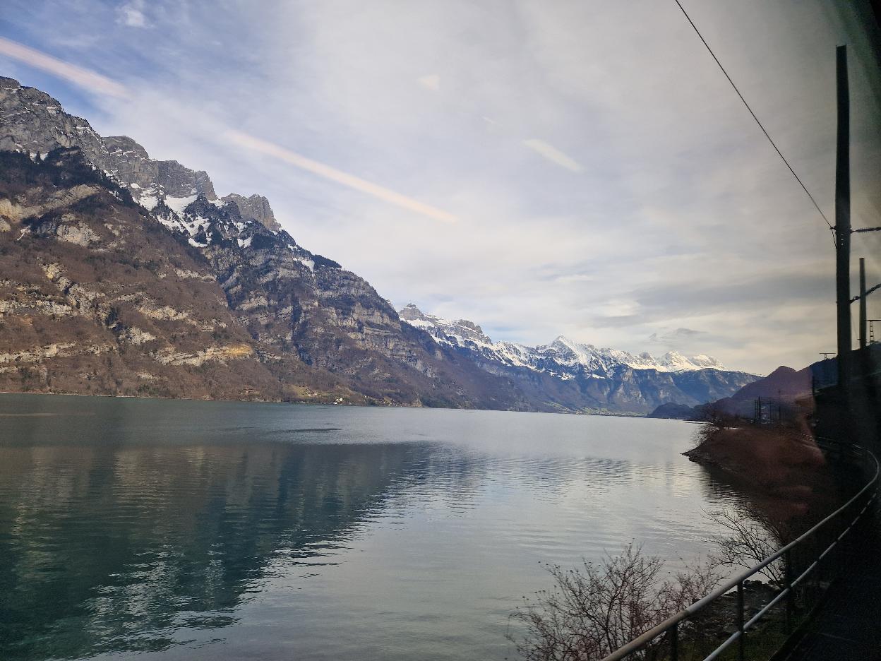 Vue du train : gigantesques montagnes plongeant dans le lac