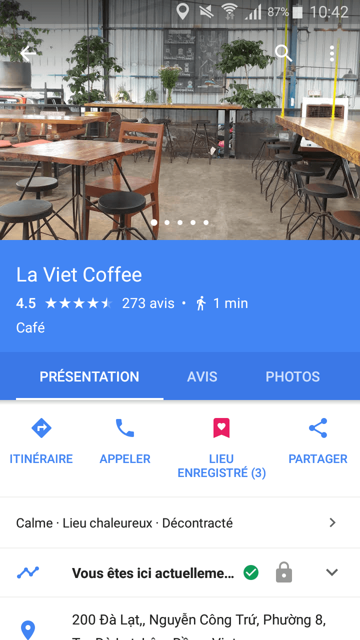 L'appli Google Maps montrant le café La Viet à Da Lat