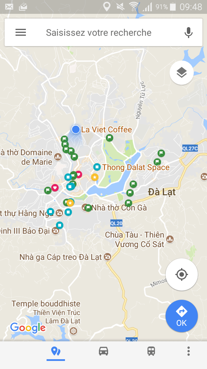 L'appli Google Maps montrant une carte de Da Lat