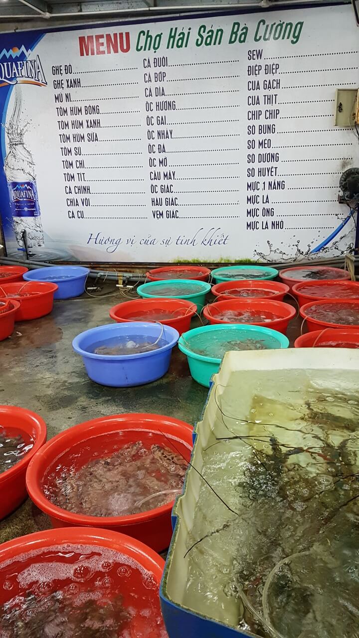 Fruits de mer vivants dans des bassines en plastique au resto à Đà Nẵng