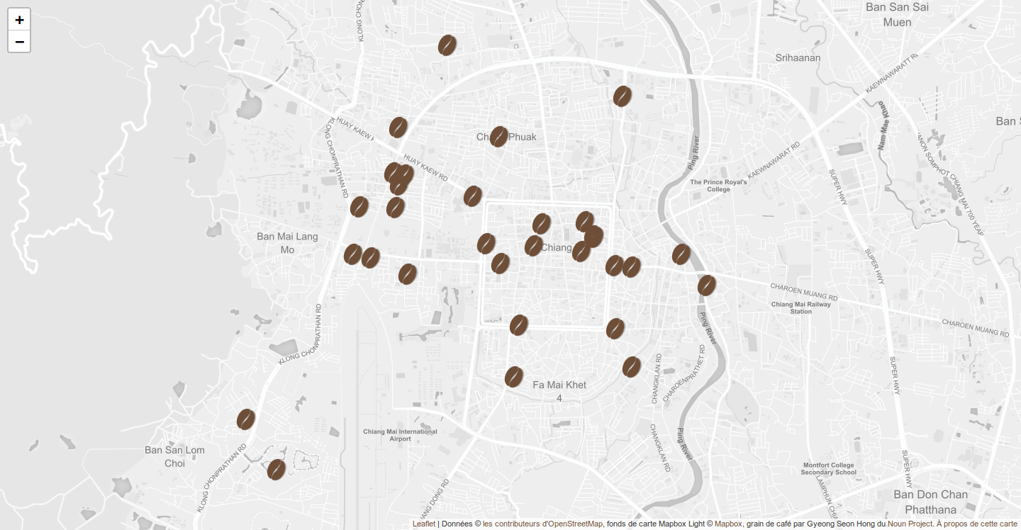 Capture d'écran d'une carte des cafés à Chiang Mai