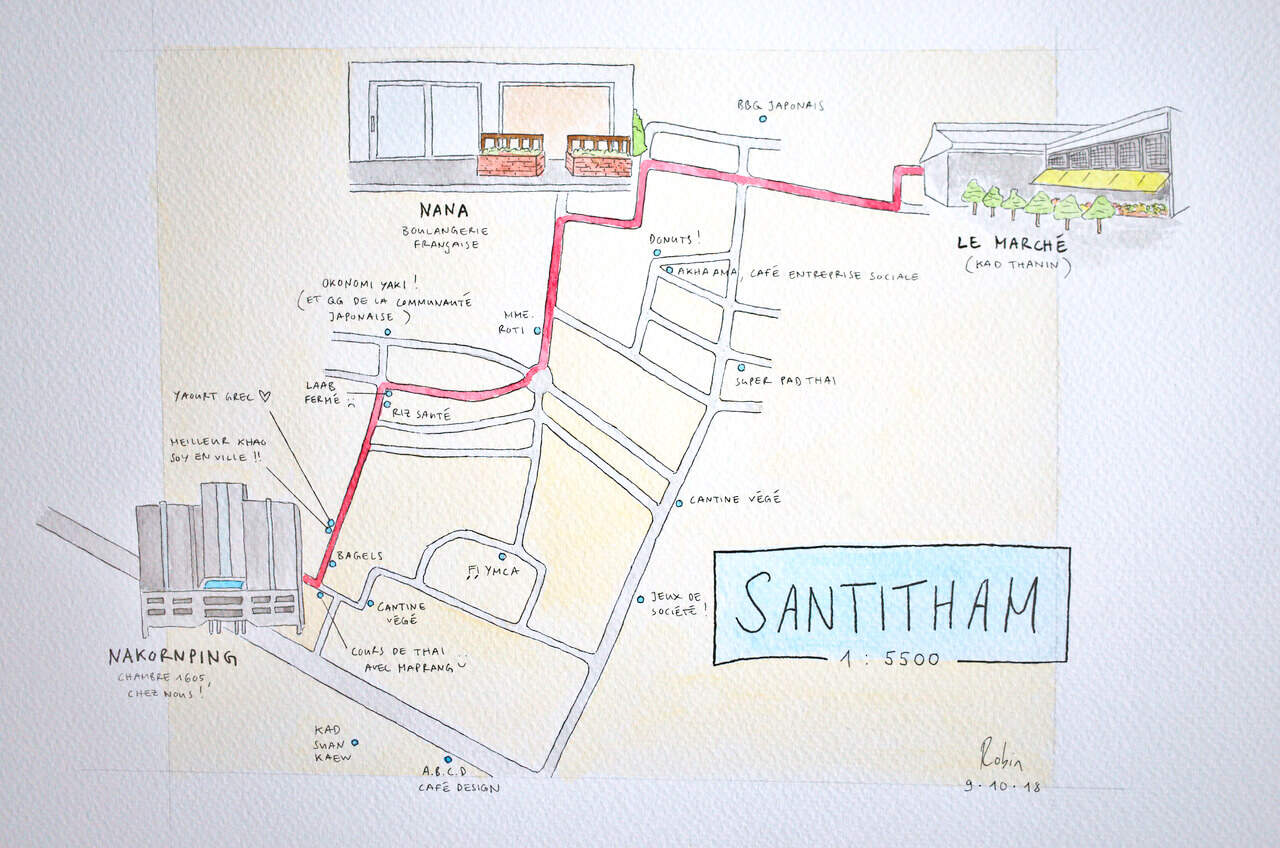Carte à l'aquarelle du quartier de Santitham à Chiang Mai