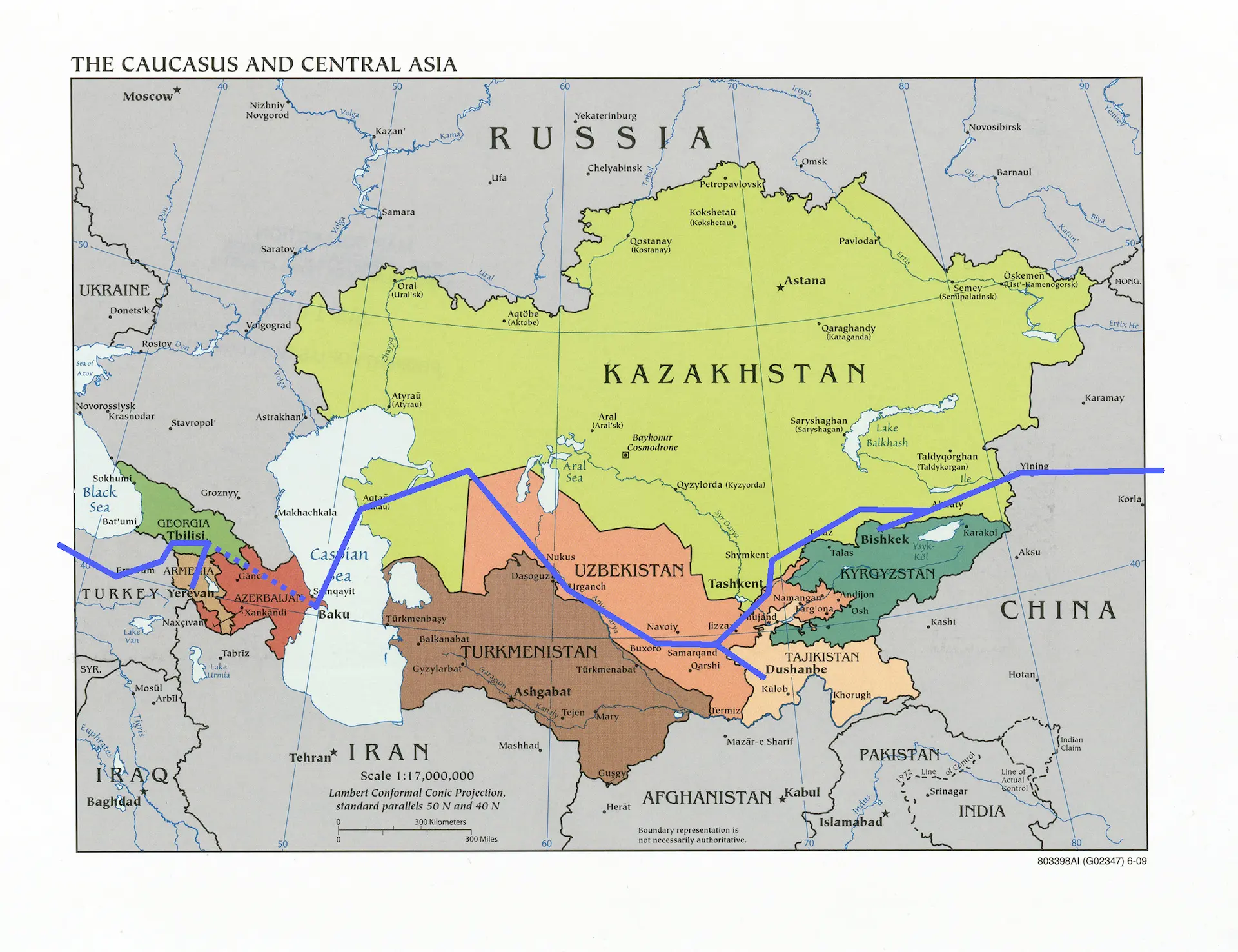 Une carte d'Asie Centrale qui montre notre parcours. On pense passer par la Turquie, la Géorgie (et Arménie), l'Azerbaïdjan, la Caspienne sur cargo, le Kazakhstan, l'Ouzbékistan (et Tadjikistan), re le Kazakhstan (et Kirghizistan), pour finalement entrer en Chine.