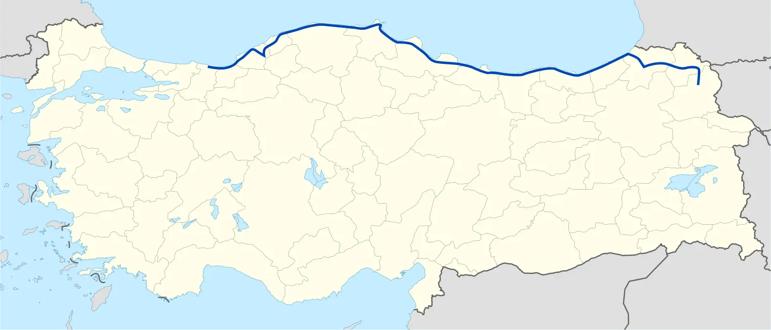 Carte de la Turquie avec le tracé de l'autoroute, on voit qu'elle longe presque toutr la côte nord de la péninsule anatolienne, le long de la mer Noire.