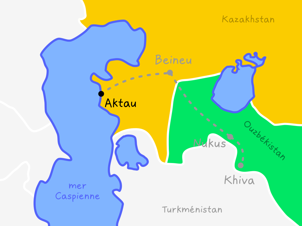 Carte de l'ouest de l'Asie centrale qui montre notre itinéraire : Aktau, Beineu, Nukus, puis Khiva