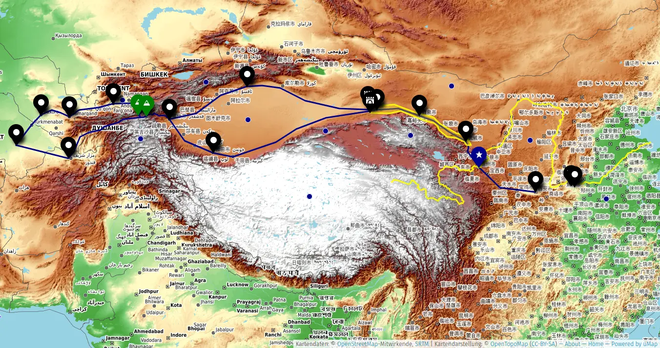 Carte montrant les principales routes de la soie entre Chang'an et Merv entre le 2ème siècle AEC et le 2ème siècle EC. Le corridor du Hexi est mis en valeur, passage étroit entre le plateau tibétain et le désert de Gobi. La ville de Lanzhou se trouve à son extrémité est, au bord du fleuve Jaune.